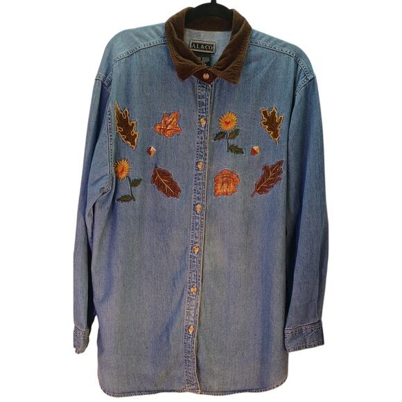 Vtg At Last & Co Plus Size 18/20 Embroidered Denim Fall Shirt Cottage Country - Picture 1 of 6